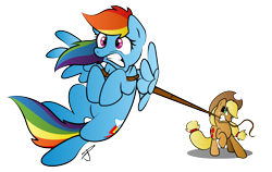 Size: 5088x3225 | Tagged: safe, artist:littletiger488, character:applejack, character:rainbow dash, species:earth pony, species:pegasus, species:pony, foreshortening, lasso, mouth hold, rope