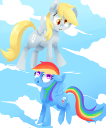 Size: 2500x3000 | Tagged: safe, artist:verrmont, character:derpy hooves, character:rainbow dash, species:pegasus, species:pony, blushing, cloud, cute, duo, female, high res, mare, sky