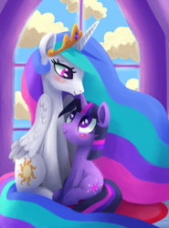 Size: 1700x2300 | Tagged: safe, artist:verrmont, character:princess celestia, character:twilight sparkle, species:alicorn, species:pony, species:unicorn, blushing, duo, female, mare, sitting, student, teacher, window
