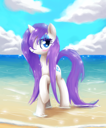 Size: 2500x3000 | Tagged: safe, artist:verrmont, character:rarity, species:pony, species:unicorn, beach, female, hawaii, high res, one hoof raised, solo, wet, wet mane, wet mane rarity