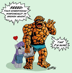 Size: 682x691 | Tagged: safe, artist:henbe, character:maud pie, ben grimm, crossover, crossover shipping, cute, fantastic four, heart, maudabetes, rock, shipping, simple background, that pony sure does love rocks, the thing (marvel comics), the thing (marvel)
