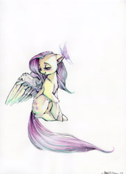 Size: 2538x3498 | Tagged: safe, artist:busoni, character:fluttershy, butterfly, female, high res, solo, traditional art
