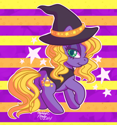 Size: 1770x1900 | Tagged: safe, artist:dolcisprinkles, character:abra-ca-dabra, species:earth pony, species:pony, g3, butt, cape, clothing, costume, eyestrain warning, female, halloween, hat, plot, smiling, solo, starry eyes, wingding eyes, witch, witch hat