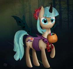 Size: 4000x3800 | Tagged: safe, artist:iamthemanwithglasses, artist:misterjuly, character:coco pommel, species:changeling, candy, clothing, collaboration, costume, female, mouth hold, nightmare night costume, raised hoof, solo