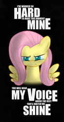 Size: 784x1500 | Tagged: dead source, safe, artist:seabastian, character:fluttershy, species:pegasus, species:pony, black background, bust, female, full face view, mare, quote, simple background, solo, song reference, spread wings, teary eyes, wings
