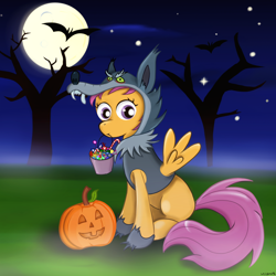 Size: 1400x1400 | Tagged: safe, artist:milanoss, character:scootaloo, candy, clothing, costume, female, full moon, halloween, holiday, jack-o-lantern, moon, mouth hold, night, nightmare night, pumpkin, solo