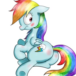Size: 750x750 | Tagged: safe, artist:mingy.h, character:rainbow dash, species:pegasus, species:pony, blushing, butt blush, embarrassed, female, mare, pixiv, plot, profile, rainbutt dash, simple background, solo, underhoof, white background