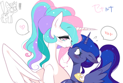 Size: 768x517 | Tagged: safe, artist:oniku, character:princess celestia, character:princess luna, character:twilight sparkle, ship:princest, alternate hairstyle, bedroom eyes, blushing, eye contact, female, floppy ears, heart, incest, lesbian, pixiv, ponytail, shipping, smiling, spread wings, surprised, sweat, tailboner, wide eyes, wings