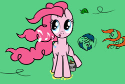 Size: 750x500 | Tagged: safe, artist:smockhobbes, character:pinkie pie, oc, glue, leaf, music notes, whistling, wind