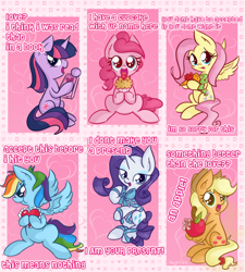 Size: 900x1000 | Tagged: safe, artist:anggrc, character:applejack, character:fluttershy, character:pinkie pie, character:rainbow dash, character:rarity, character:twilight sparkle, episode:hearts and hooves day, g4, my little pony: friendship is magic, blushing, book, carrot, cupcake, cute, dashabetes, diapinkes, engrish, gift wrapped, grammar error, heart, holiday, jackabetes, mane six, raribetes, ribbon, scrunchy face, shyabetes, that pony sure does love apples, tsunderainbow, tsundere, twiabetes, valentine, valentine's day, valentine's day card