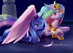 Size: 900x655 | Tagged: safe, artist:incinerater, character:princess celestia, character:princess luna, species:alicorn, species:pony, crying, duo, duo female, feather, female, prone, s1 luna, sisters, winghug