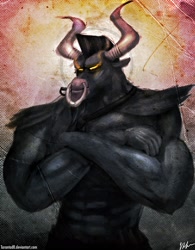 Size: 1800x2304 | Tagged: safe, artist:tarantad0, character:iron will, species:minotaur, abs, abstract background, crossed arms, male, signature, solo
