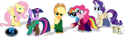 Size: 1600x487 | Tagged: safe, artist:zimvader42, character:applejack, character:flam, character:flim, character:fluttershy, character:pinkie pie, character:rainbow dash, character:rarity, character:twilight sparkle, species:pony, arthur dent, crossover, flim flam brothers, flutterbot, ford prefect, hitchhiker's guide to the galaxy, marvin the paranoid android, mouse, mousified, robot, robot pony, roboticization, species swap, trillian, zaphod beeblebrox
