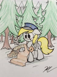 Size: 2126x2862 | Tagged: safe, artist:pelate, character:derpy hooves, species:pegasus, species:pony, clothing, confused, dexterous hooves, female, floppy ears, forest, hat, mail, mailbag, mailmare, map, mare, solo, traditional art