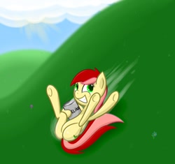 Size: 791x742 | Tagged: safe, artist:w300, character:roseluck, species:earth pony, species:pony, cover myself in vaseline and pretend i'm a slug, female, flower, grin, hill, roseslug, smiling, solo, underhoof, vaseline