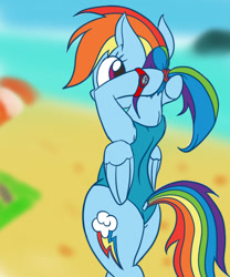 Size: 500x600 | Tagged: safe, artist:mingy.h, character:rainbow dash, species:pegasus, species:pony, beach, clothing, cute, dashabetes, female, looking back, mare, one-piece swimsuit, pixiv, plot, ponytail, semi-anthro, solo, swimsuit, watch
