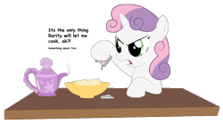 Size: 7226x4025 | Tagged: safe, artist:replaymasteroftime, character:sweetie belle, species:pony, species:unicorn, absurd resolution, bowl, female, filly, instant noodles, ramen, solo, teapot