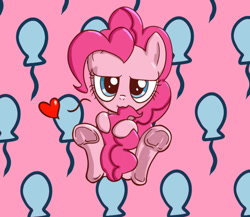 Size: 600x520 | Tagged: safe, artist:mingy.h, character:pinkie pie, :3, balloon, cute, diapinkes, female, frog (hoof), heart, lidded eyes, looking at you, nom, pixiv, sitting, smiling, smirk, solo, tail, tail bite, underhoof