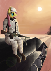 Size: 4000x5500 | Tagged: safe, artist:misterjuly, character:fluttershy, species:anthro, species:unguligrade anthro, clothing, female, frown, glare, gun, machine gun, military, sitting, solo, sun, tank (vehicle), trigger discipline, uniform, weapon, winter