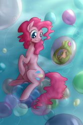 Size: 900x1350 | Tagged: safe, artist:tzelly-el, character:gummy, character:pinkie pie, species:earth pony, species:pony, balloon, flying
