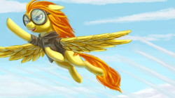Size: 1191x670 | Tagged: dead source, safe, artist:nameless-fairy, character:spitfire, clothing, female, floppy ears, flying, goggles, jacket, open mouth, smirk, solo, spread wings, windswept mane, wings