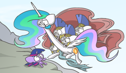 Size: 2116x1220 | Tagged: safe, artist:switchy, character:princess celestia, character:twilight sparkle, and that's how equestria was made, ask celestia stuff, fine art parody, long neck, neck pony, princess necklestia, royal guard, the creation of adam