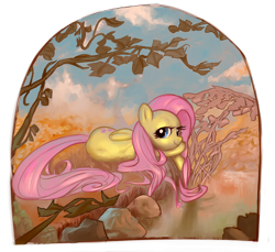Size: 1024x938 | Tagged: safe, artist:javkiller, character:fluttershy, species:pegasus, species:pony, female, looking at you, mare, modern art, nouveau, on side, solo, water