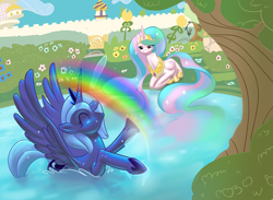 Size: 2183x1600 | Tagged: safe, artist:javkiller, character:princess celestia, character:princess luna, species:alicorn, species:pony, canterlot, cute, eyes closed, female, flower, garden, lidded eyes, mare, open mouth, pond, prone, rainbow, rearing, s1 luna, sisters, smiling, splashing, spread wings, wallpaper, watching, water, wet, wings