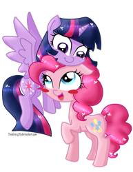Size: 495x640 | Tagged: safe, artist:tinacrazy29, character:pinkie pie, character:twilight sparkle, character:twilight sparkle (alicorn), species:alicorn, species:pony, ship:twinkie, blush sticker, blushing, female, lesbian, mare, shipping, simple background, transparent background