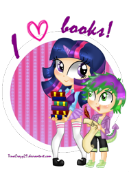 Size: 480x640 | Tagged: safe, artist:tinacrazy29, character:spike, character:twilight sparkle, species:human, book, clothing, horned humanization, humanized, tailed humanization, that pony sure does love books, thigh highs