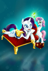 Size: 900x1350 | Tagged: safe, artist:tzelly-el, character:rarity, character:sweetie belle, species:pony, species:unicorn, bipedal, bipedal leaning, box, clothing, fainting couch, female, filly, gold, leaning, music notes, reflection, saddle, shoes, singing