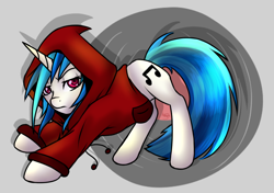 Size: 850x598 | Tagged: safe, artist:akashasi, character:dj pon-3, character:vinyl scratch, species:pony, species:unicorn, clothing, colored pupils, female, hoodie, lidded eyes, looking at you, mare, record, signature, solo