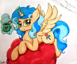 Size: 1100x911 | Tagged: safe, artist:mirry92, oc, oc only, oc:tina fountain heart, ponysona, species:alicorn, species:pony, alicorn oc, beanbag, blue, brony, calm, happy new year, lying down, merry christmas, relaxing, resting, solo, traditional art