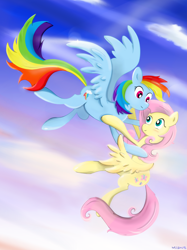 Size: 1200x1604 | Tagged: safe, artist:milanoss, character:fluttershy, character:rainbow dash, species:pegasus, species:pony, ship:flutterdash, female, flying, lesbian, shipping, sky, spread wings, wings