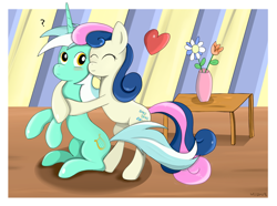 Size: 1500x1115 | Tagged: safe, artist:milanoss, character:bon bon, character:lyra heartstrings, character:sweetie drops, species:pony, bipedal, heart, hug, question mark