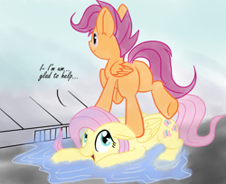 Size: 1280x1042 | Tagged: safe, artist:arcum42, artist:mcsadat, character:fluttershy, character:scootaloo, colored, doormat, literal, plot, puddle