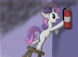 Size: 1920x1408 | Tagged: safe, artist:werdkcub, character:sweetie belle, species:pony, species:unicorn, female, filly, fire extinguisher, open mouth, smoke, solo, stool