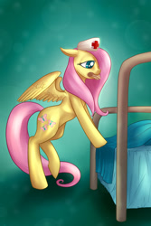 Size: 900x1350 | Tagged: safe, artist:tzelly-el, character:fluttershy, bed, bipedal leaning, costume, nurse
