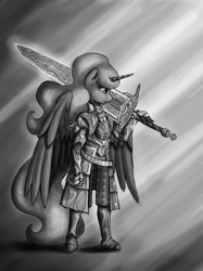 Size: 1119x1500 | Tagged: safe, artist:pentoolqueen, character:princess luna, species:anthro, armor, brass set, dark souls, female, grayscale, monochrome, moonlight great sword, solo, sword