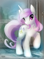 Size: 825x1100 | Tagged: safe, artist:cenit-v, character:fleur-de-lis, species:pony, species:unicorn, female, looking at you, mare, raised hoof, smiling, solo