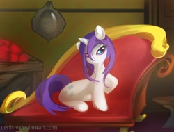 Size: 1150x875 | Tagged: safe, artist:cenit-v, character:rarity, species:pony, species:unicorn, couch, fainting couch, female, mare, sitting, solo, wet, wet mane, wet mane rarity