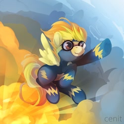 Size: 1000x1000 | Tagged: safe, artist:cenit-v, character:spitfire, species:pegasus, species:pony, clothing, female, flying, goggles, mare, solo, uniform, wonderbolts uniform
