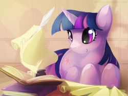 Size: 1200x900 | Tagged: safe, artist:cenit-v, character:twilight sparkle, species:pony, species:unicorn, book, female, ink, mare, prone, quill, solo, writing