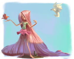 Size: 2500x2000 | Tagged: safe, artist:verrmont, character:fluttershy, species:bird, species:human, breasts, clothing, delicious flat chest, eyes closed, female, flattershy, hair over one eye, humanized, skinny, skirt, solo