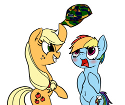 Size: 450x380 | Tagged: safe, artist:mingy.h, character:applejack, character:rainbow dash, baseball cap, camouflage, clothing, hat, pure unfiltered evil, short hair