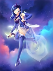 Size: 600x800 | Tagged: safe, artist:yatonokami, character:princess luna, species:human, clothing, commission, cute, detached sleeves, dual wield, fantasy class, female, humanized, knife, lunabetes, moon, s1 luna, solo, sword, warrior luna, weapon