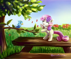 Size: 1500x1246 | Tagged: safe, artist:incinerater, character:sweetie belle, species:bird, species:pony, species:unicorn, bipedal, cute, diasweetes, eyes closed, featured on derpibooru, female, music notes, open mouth, singing, smiling, solo, table, tree