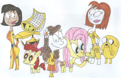 Size: 900x581 | Tagged: safe, artist:sithvampiremaster27, character:apple bloom, character:fluttershy, adventure time, alex (totally spies), april o'neil, crossover, crow t robot, jake the dog, jenny brown, mystery science theater 3000, peanuts, phineas and ferb, teenage mutant ninja turtles, totally spies, woodstock (peanuts)