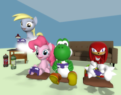 Size: 1380x1080 | Tagged: safe, artist:zefrenchm, character:derpy hooves, character:pinkie pie, species:pegasus, species:pony, 3d, cloud, controller, crossover, female, gamecube controller, gmod, knuckles the echidna, mare, nintendo, sega, sonic the hedgehog (series), super mario bros., yoshi