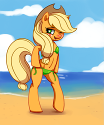 Size: 737x885 | Tagged: safe, artist:verrmont, character:applejack, species:earth pony, species:pony, beach, belly button, bikini, bipedal, blushing, clothing, female, green swimsuit, one eye closed, semi-anthro, side-tie bikini, solo, swimsuit